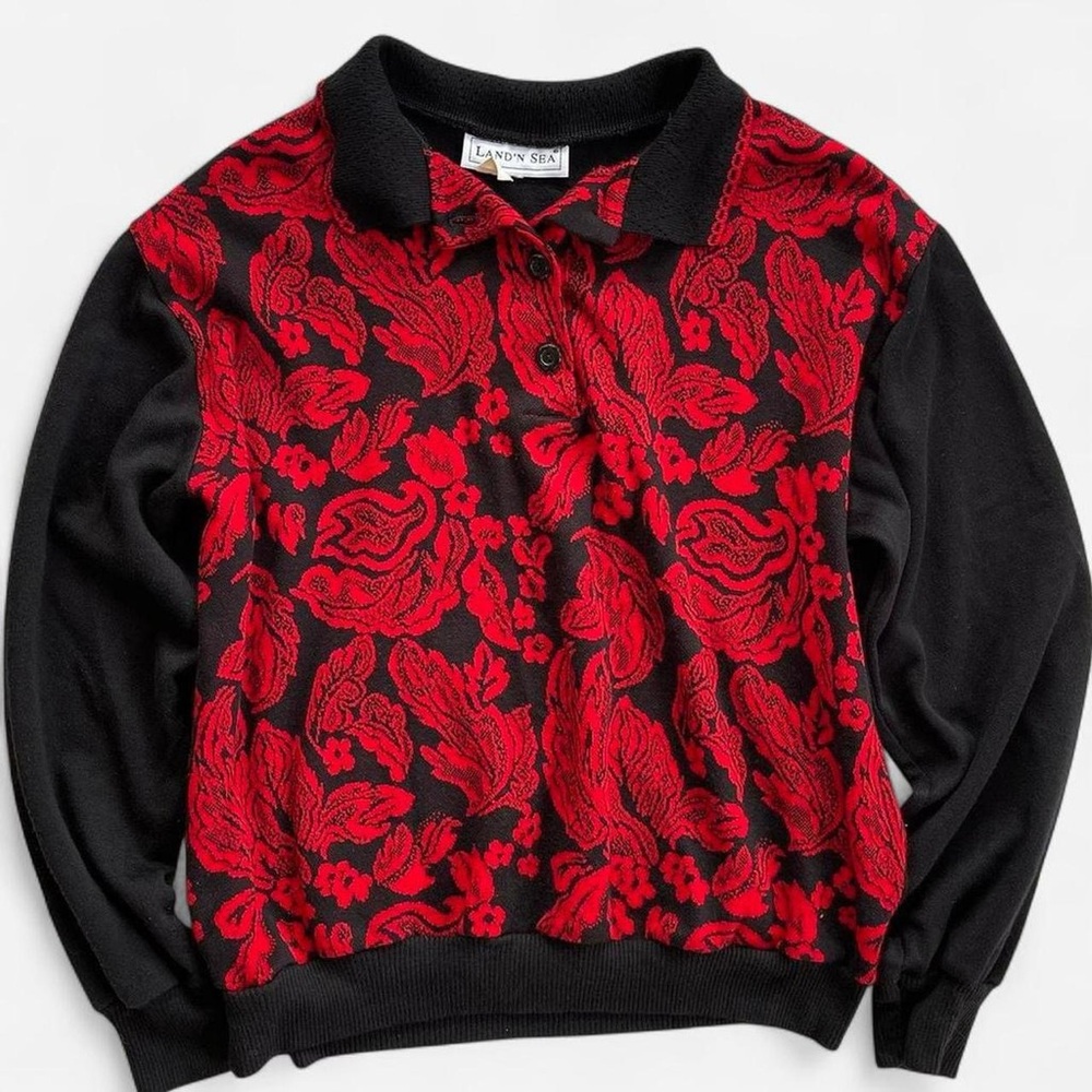 Vintage Land N Sea Red Black Floral Print Lightweight Collared Long Sleeve Shirt